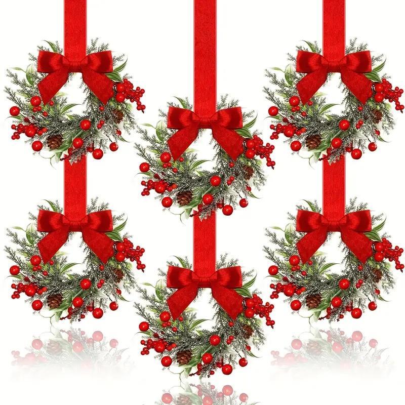 6-Pack Mini Wreaths for Windows - Farmhouse Christmas Decor with Red Berries & Bows