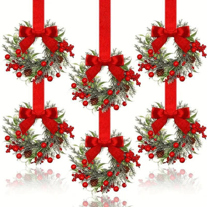 6-Pack Mini Wreaths for Windows - Farmhouse Christmas Decor with Red Berries & Bows