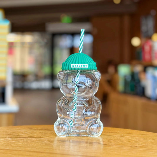 🎄 Christmas Bear Glass Straw Cup | Cute Holiday Gift with Glass Straw & Leak-Proof Lid